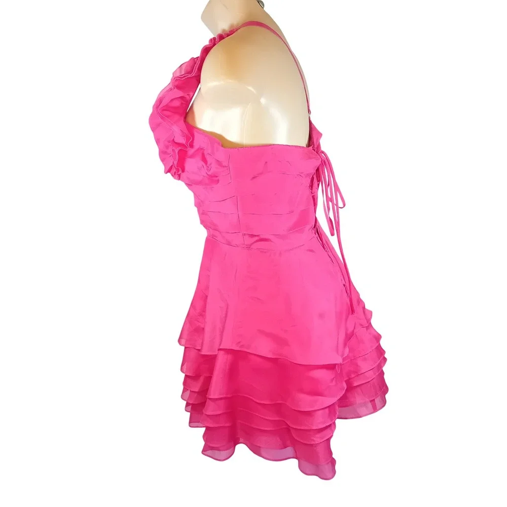 Vintage Y2K Bebe 100% Silk Mini Dress Hot Pink Ruffle One Shoulder Corset Back M - Picture 4 of 16